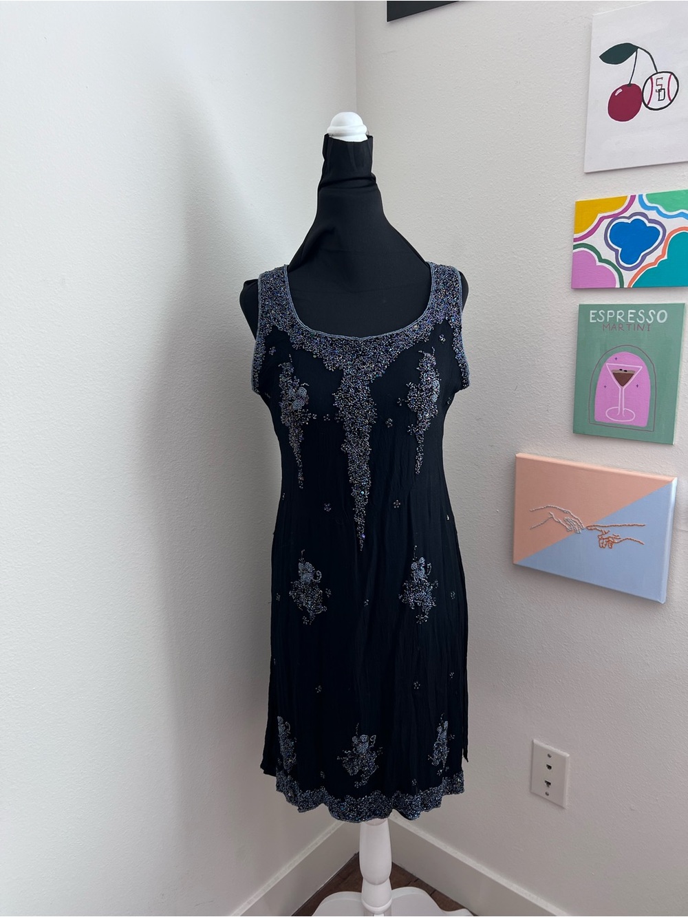Black Beaded Mini Dress – Vintage Sequin Embellished Slip Dress – Size 38